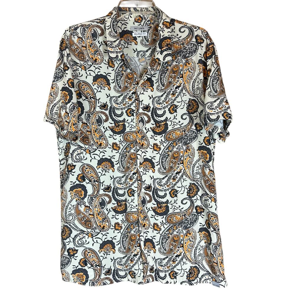 Salt Earth Men Camp Shirt Sze L Cream Tan Relaxed Fit Birchwood Blooming Paisley
